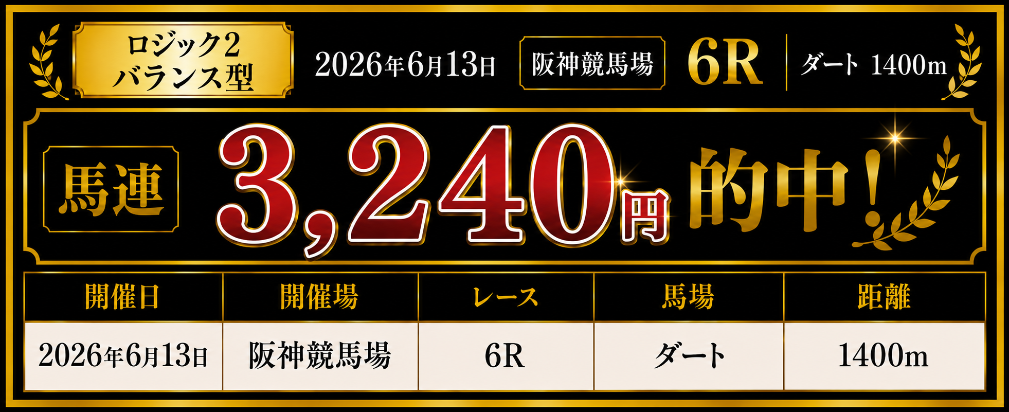 2026年6月13日 阪神競馬場6R 馬連3240円的中